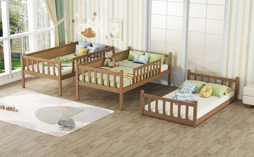 Twin Size Triple Rubber Wood Bunk Bed, with Ladders, Guardrails Detachable Bunk Bed, Twin over Twin over Twin,Natural