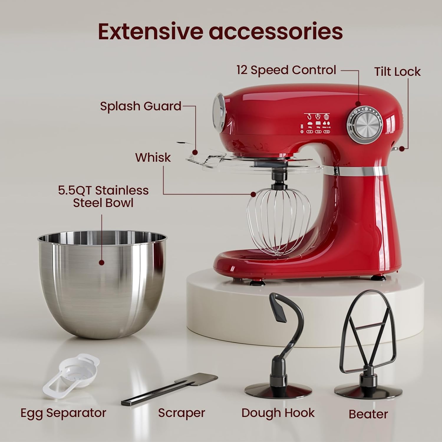 Kismile Stand Mixer, 5.5-Quart Electric Mixer with 12 Speeds CF3715