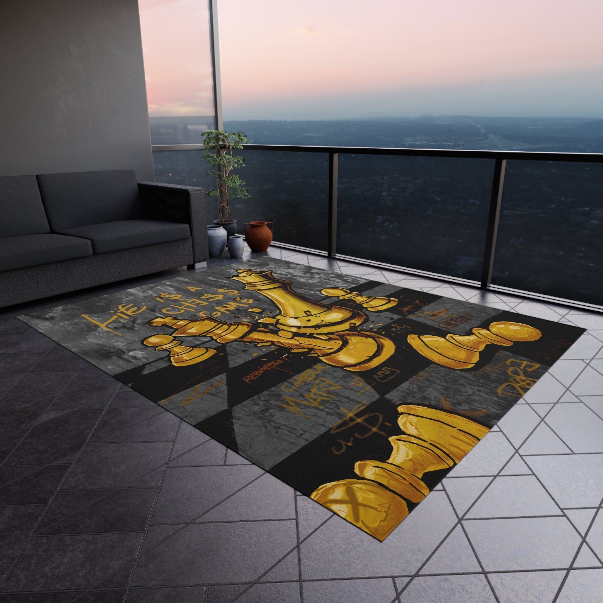 Life Is A Chess Game Black-Marble Rug