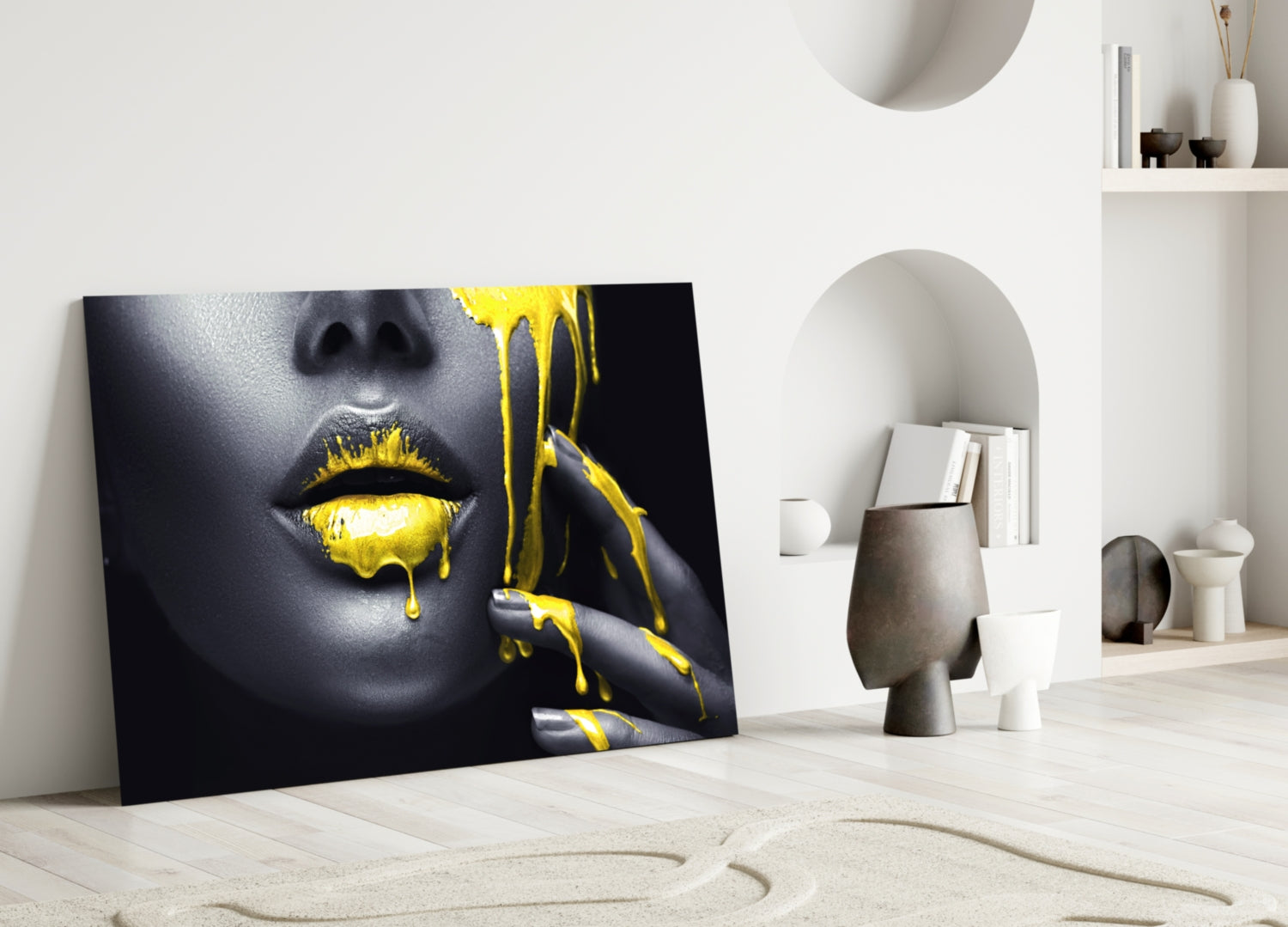 Yellow and Woman Glass Wall Art