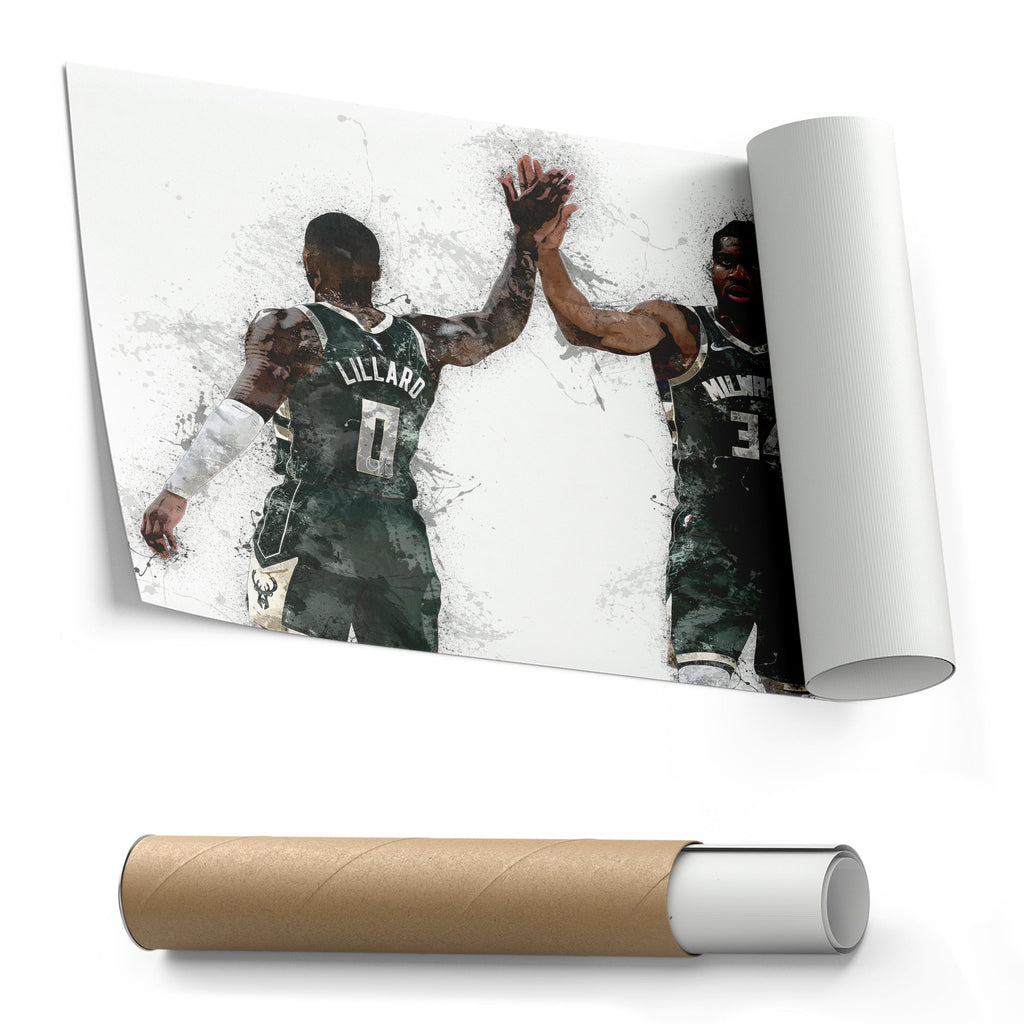Giannis Antetokounmpo & Damian Lillard Canvas Art – Milwaukee Bucks Wall Decor