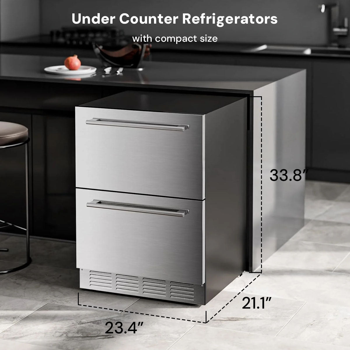 Kismile 24 Inch Built-In Double Drawer Refrigerator, 5.0 Cu.Ft Under Counter Beverage Fridge for Wine & Beer, Stainless Steel
