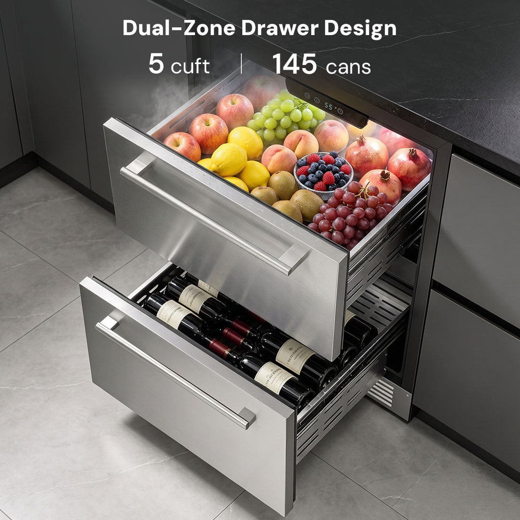 Kismile 24 Inch Built-In Double Drawer Refrigerator, 5.0 Cu.Ft Under Counter Beverage Fridge for Wine & Beer, Stainless Steel