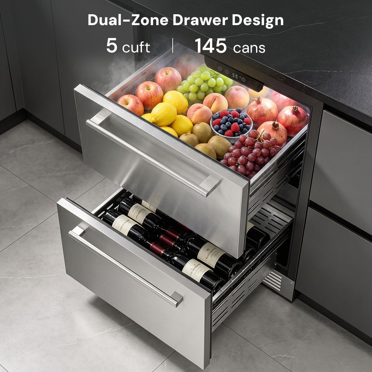 Kismile 24 Inch Built-In Double Drawer Refrigerator, 5.0 Cu.Ft Under Counter Beverage Fridge for Wine & Beer, Stainless Steel
