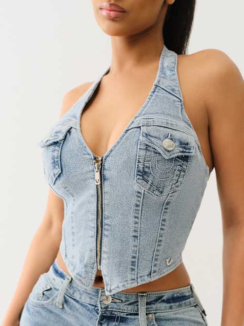 True Religion Zip Front Halter Denim Top