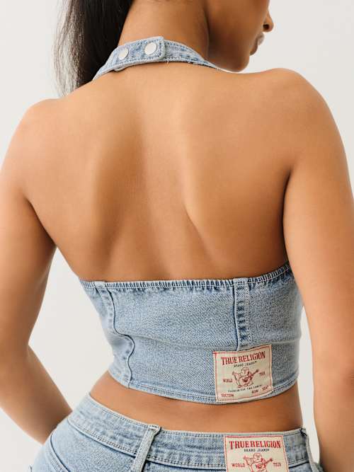 True Religion Zip Front Halter Denim Top