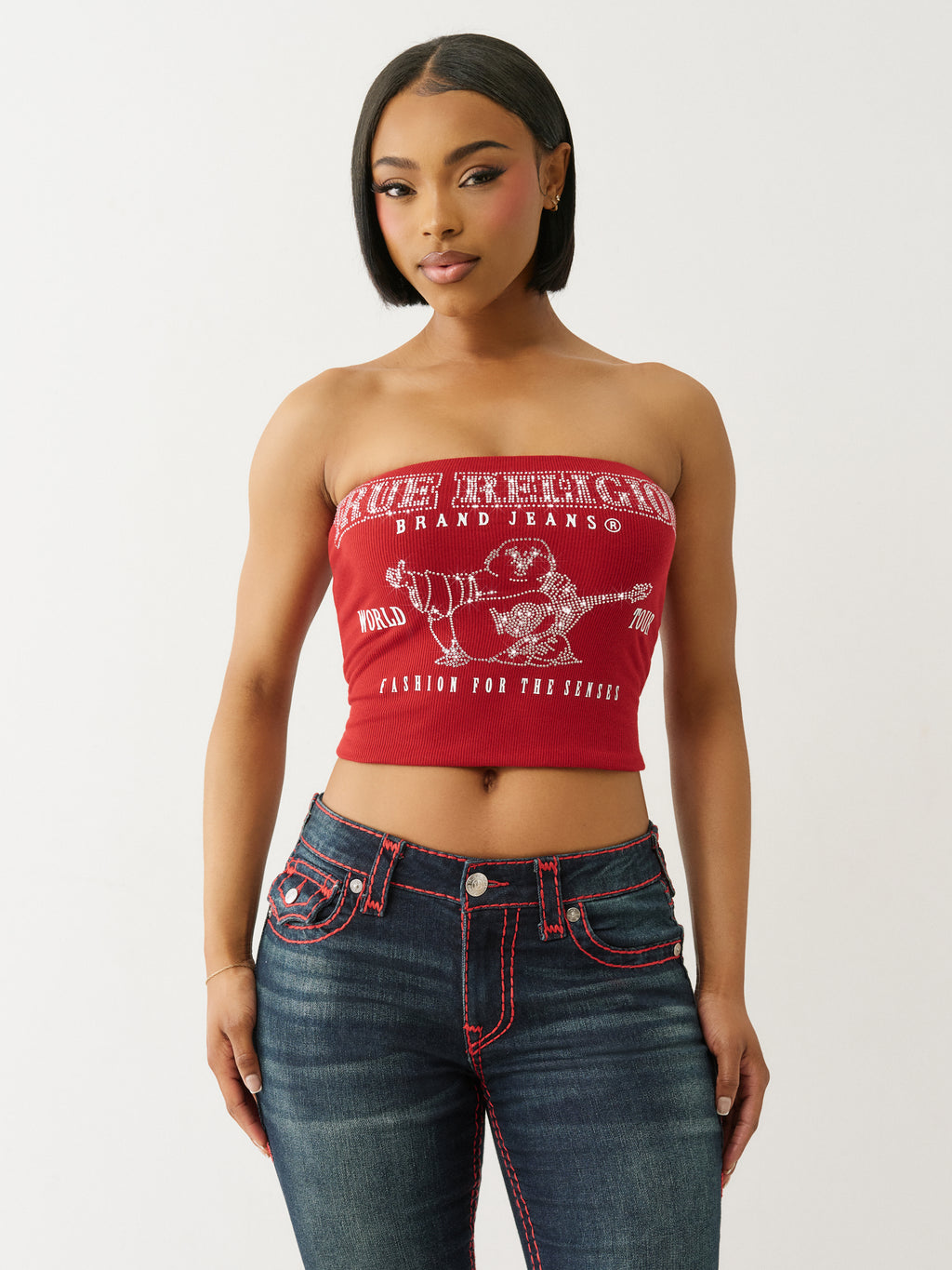 True Religion Crystal Buddha Ribbed Tube Top