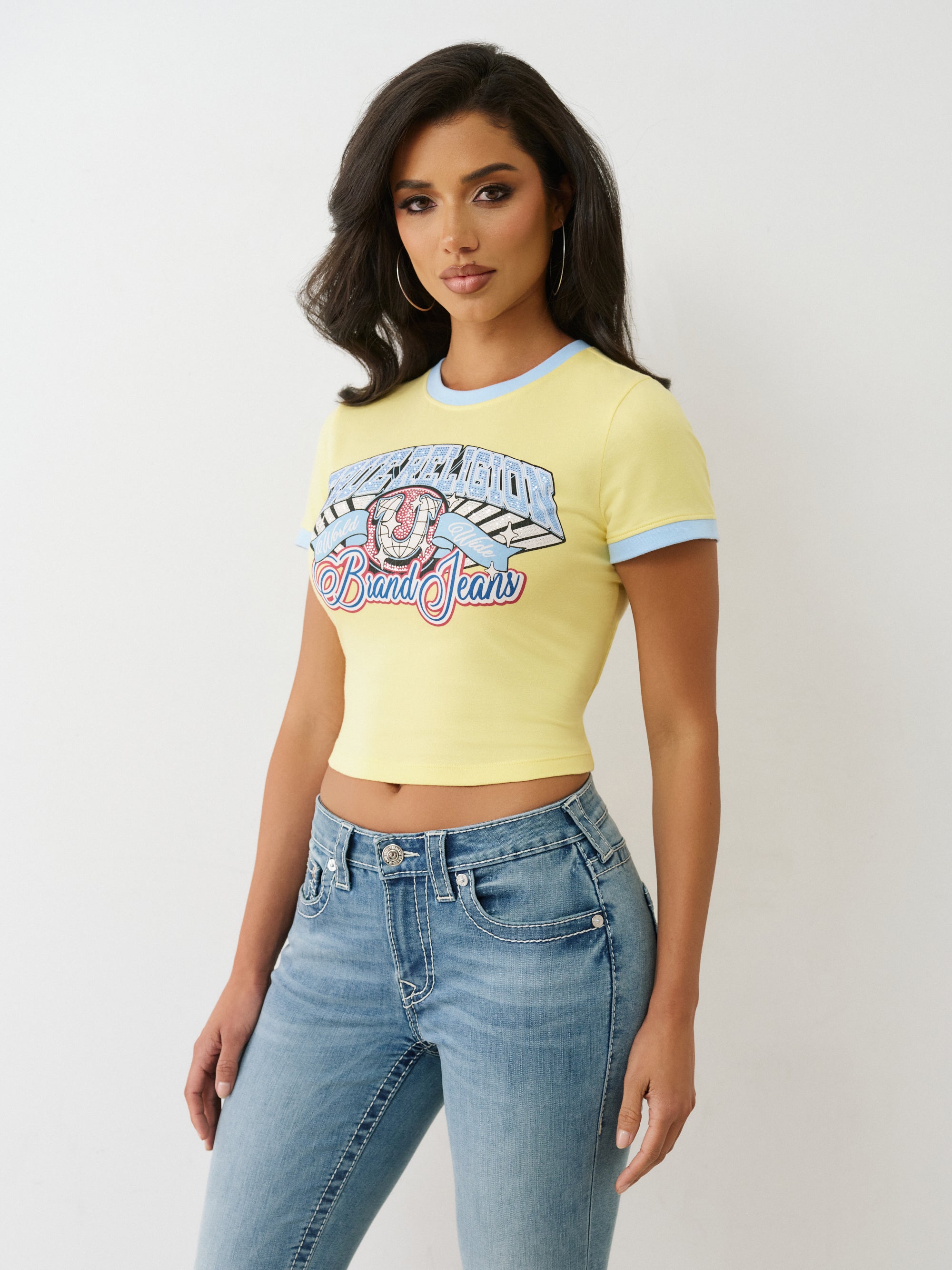 True Religion Crystal Contrast Ringer Tee Yellow