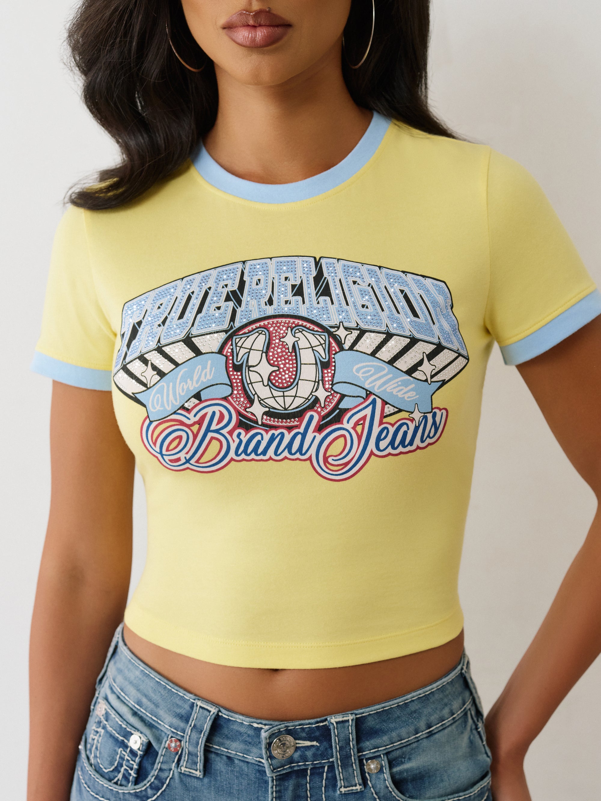 True Religion Crystal Contrast Ringer Tee Yellow