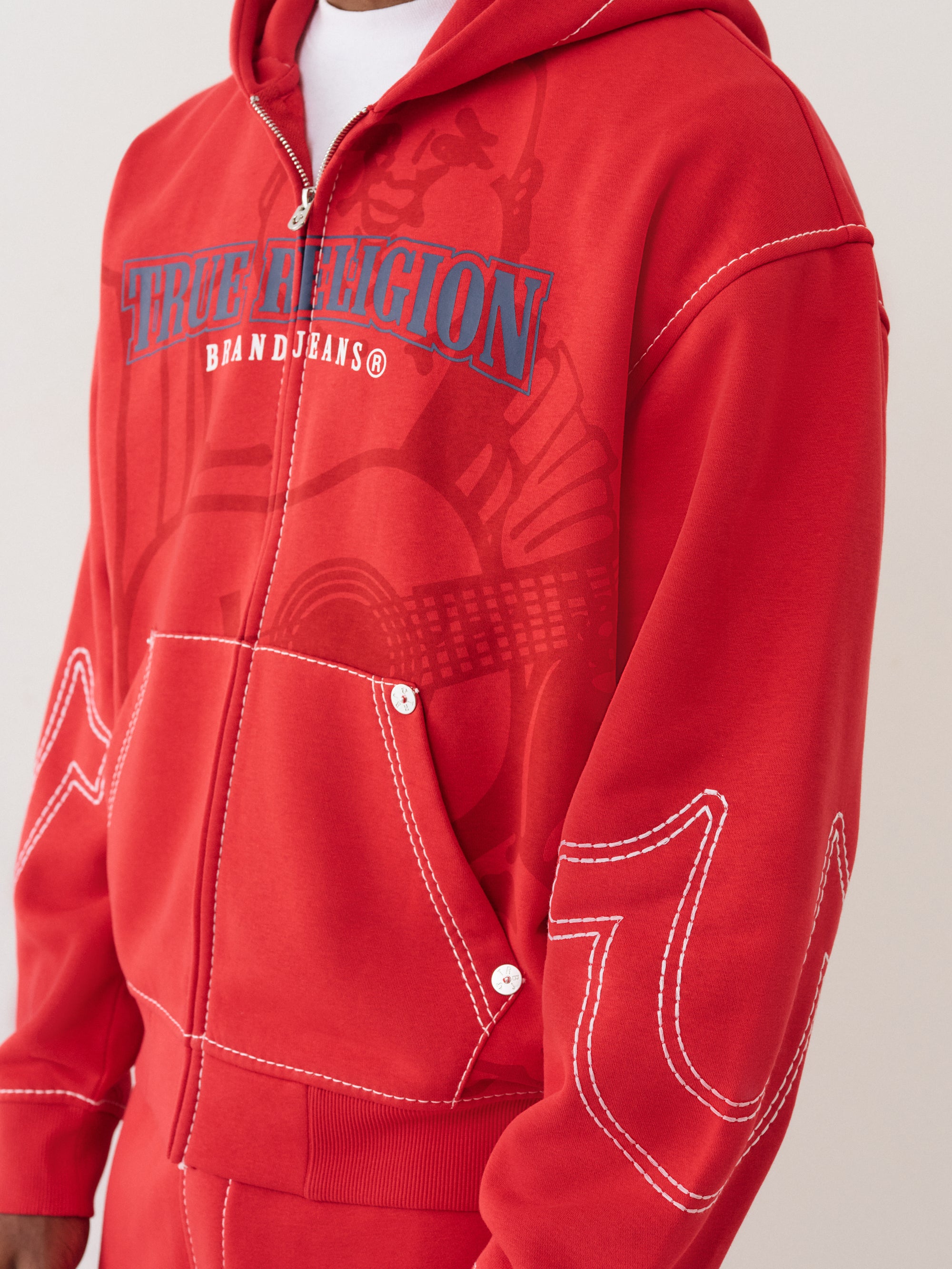True Religion Cinched Big T Zip Up Hoodie Red
