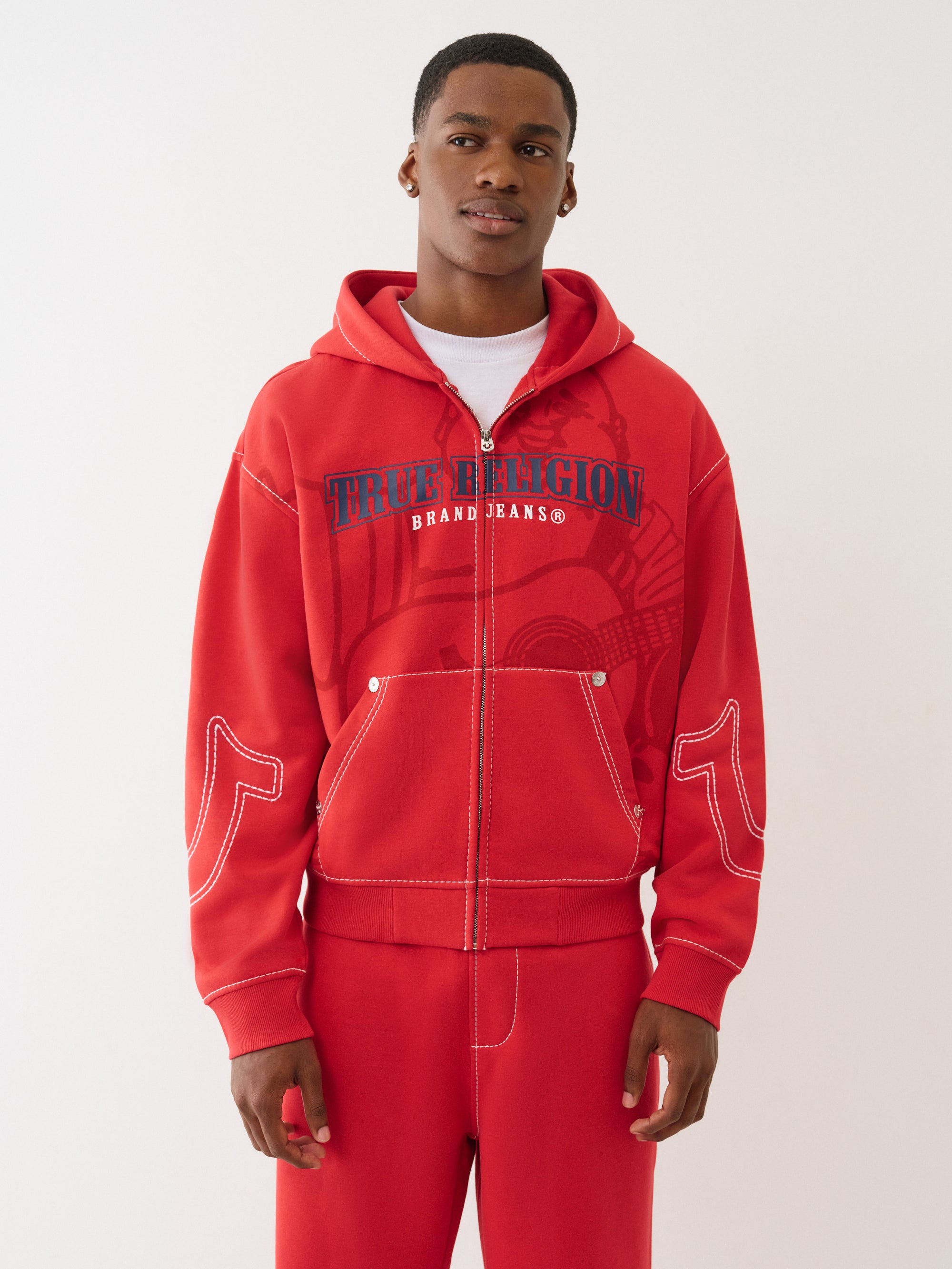 True Religion Cinched Big T Zip Up Hoodie Red