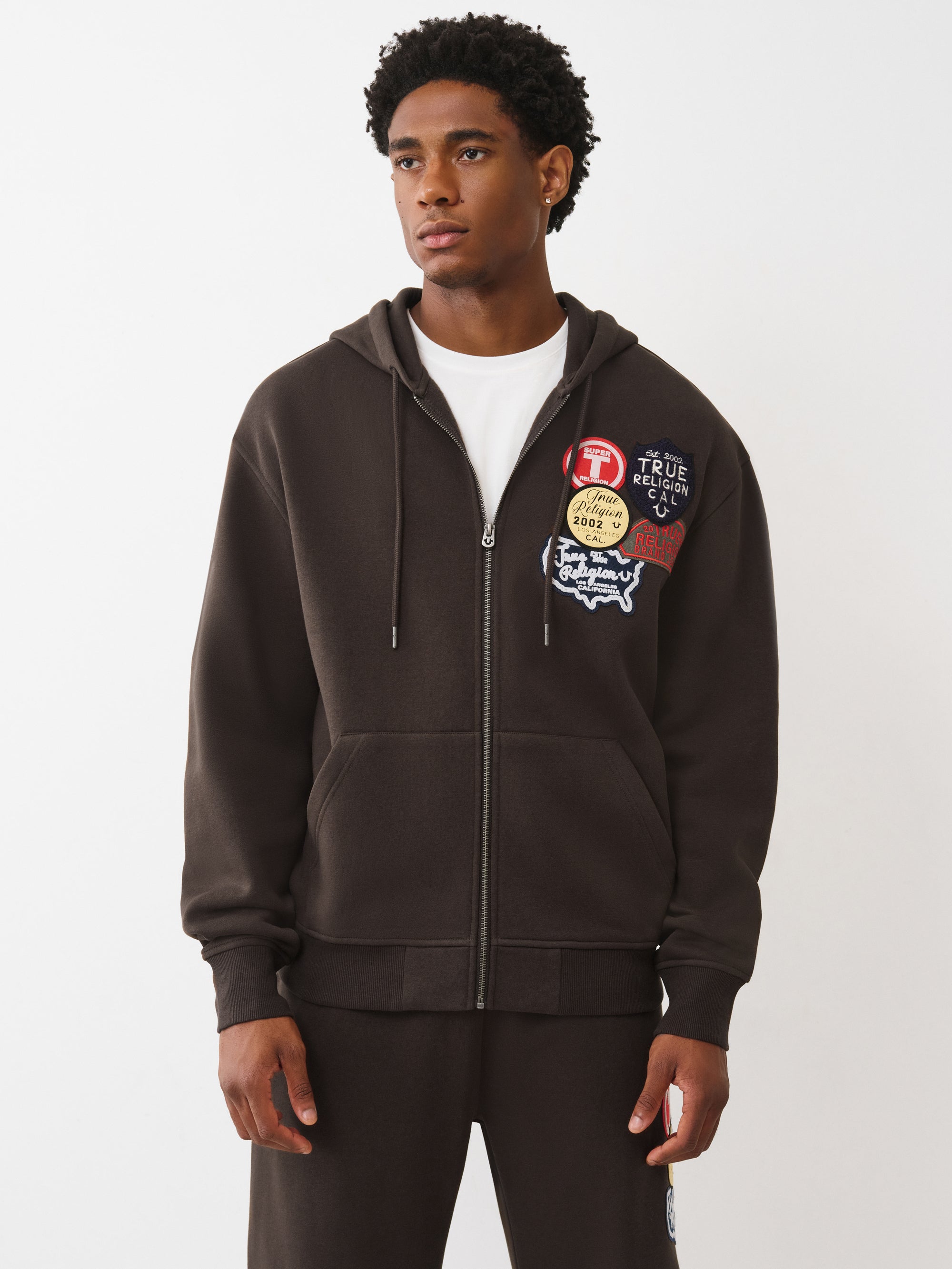 True Religion Patch Vintage Zip Up Hoodie Brown