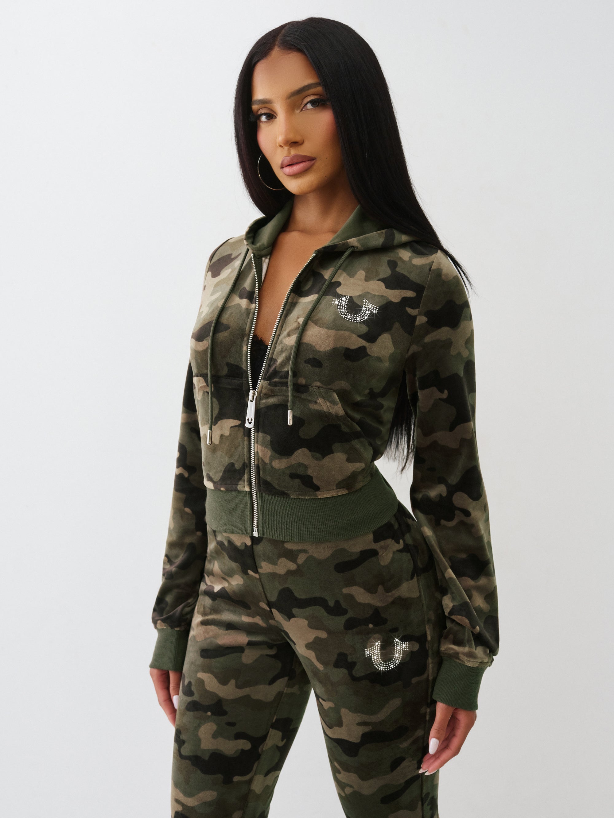 True Religion Camo Velour Shrunken Hoodie