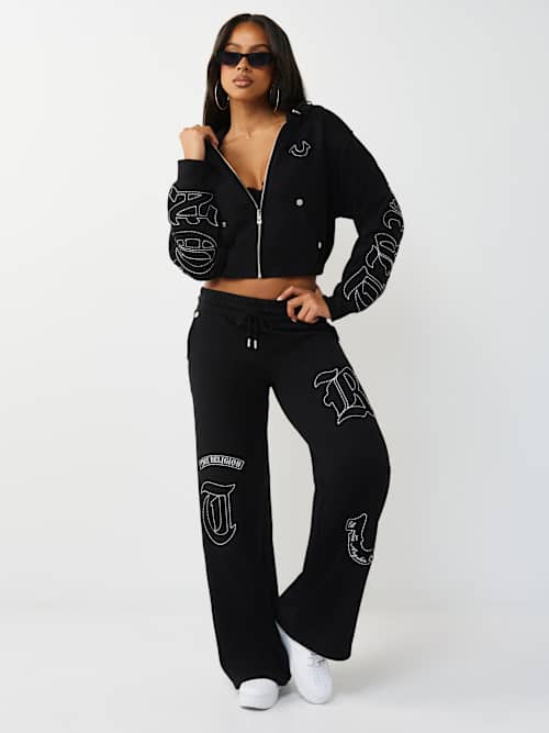 True Religion Branded Applique Wide Leg Pant