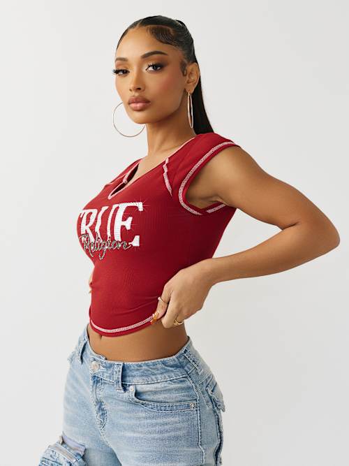 True Religion Crystal Rib Notched Baby Tee