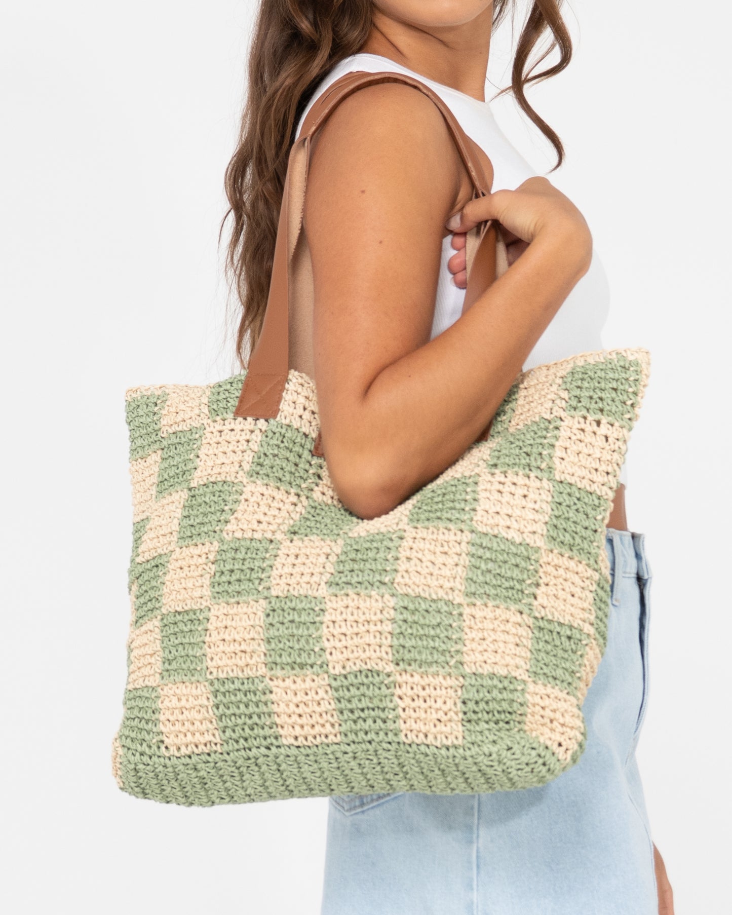 CHECKMATE STRAW BEACH BAG