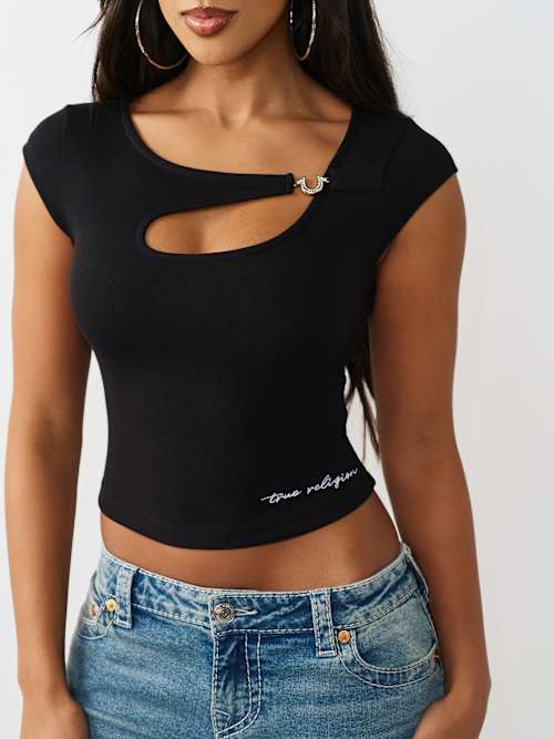 True Religion Crystal HS Cut Out Rib SS Top