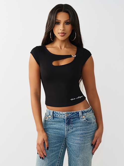 True Religion Crystal HS Cut Out Rib SS Top